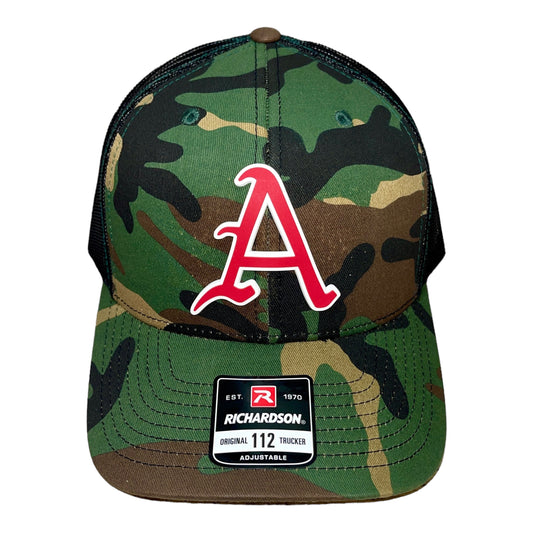 Arkansas Razorbacks Baseball A 3D Snapback Trucker Hat- Army Camo/ Black