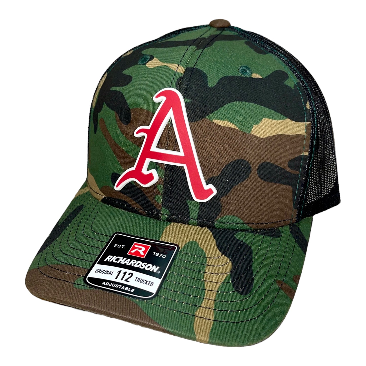 Arkansas Razorbacks Baseball A 3D Snapback Trucker Hat- Army Camo/ Black