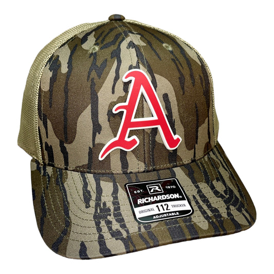 Arkansas Razorbacks Baseball A 3D Snapback Trucker Hat- Mossy Oak Bottomland/ Loden