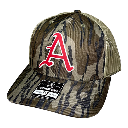 Arkansas Razorbacks Baseball A 3D Snapback Trucker Hat- Mossy Oak Bottomland/ Loden