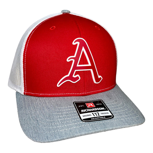 Arkansas Razorbacks Baseball A 3D Snapback Trucker Hat- Red/ White/ Heather Grey