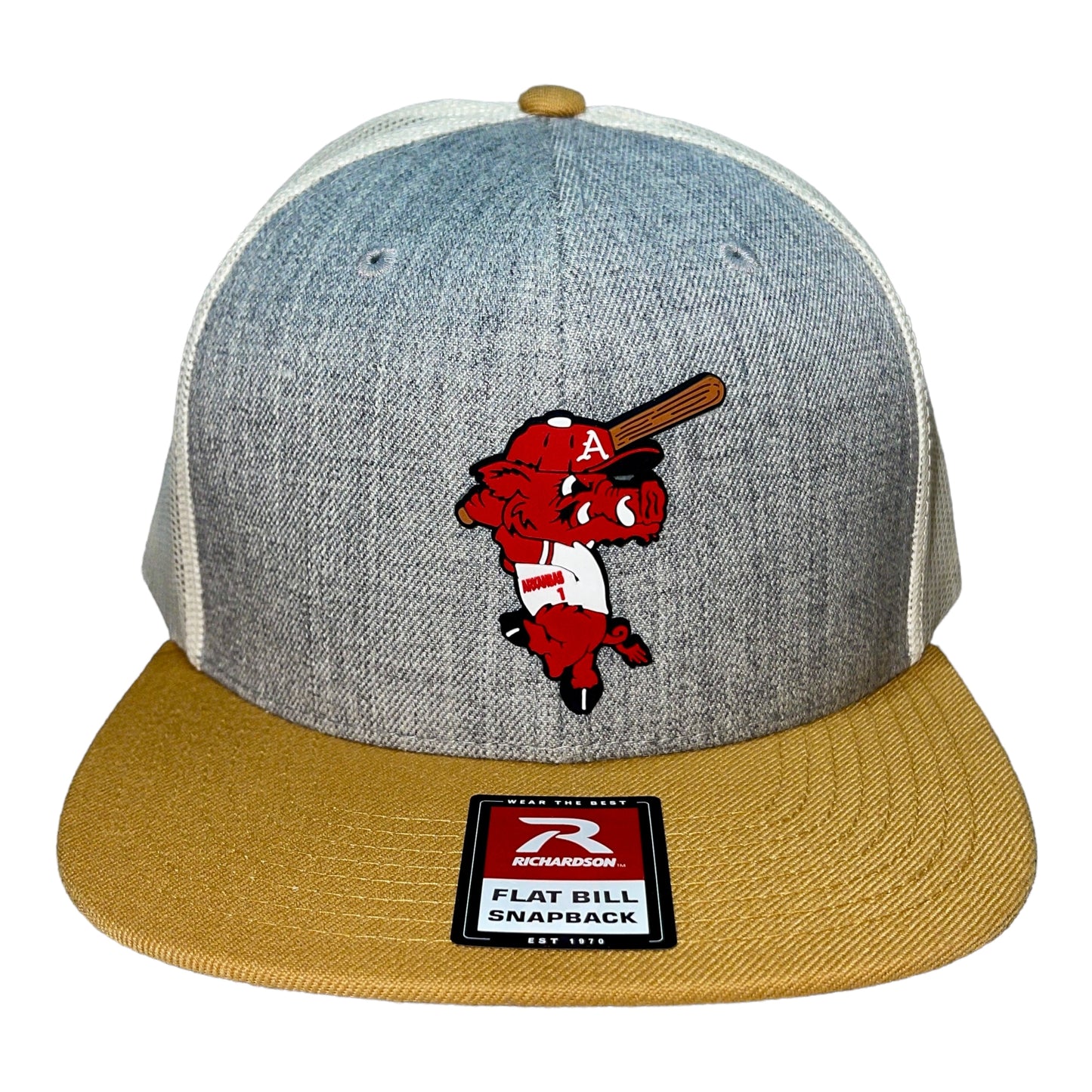 Arkansas Razorbacks Baseball Ribby 3D Wool Blend Flat Bill Hat- Heather Grey/ Birch/ Biscuit
