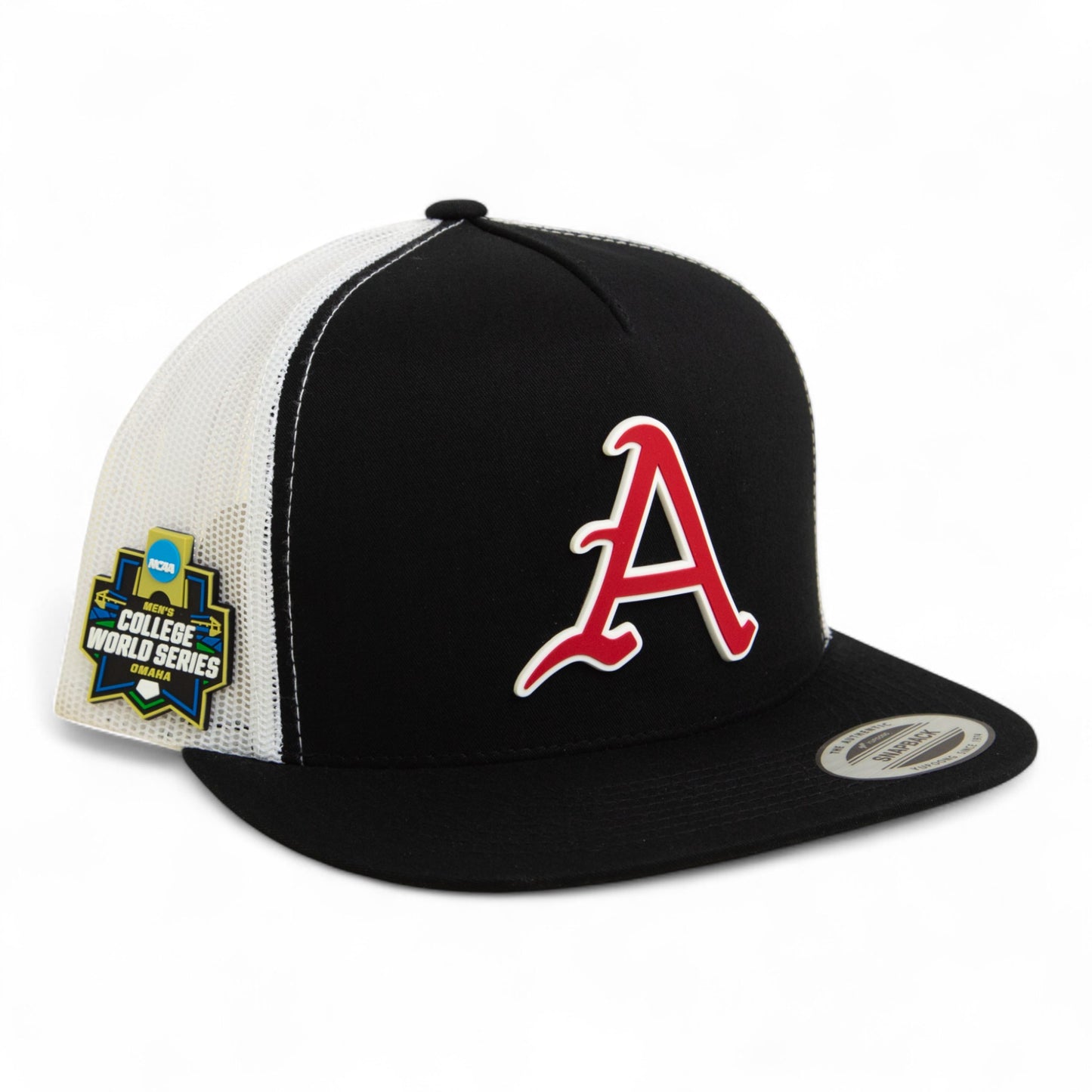 Arkansas Razorbacks Baseball Script A 2025 College World Series 3D YP Snapback Flat Bill Trucker Hat- Black/ White