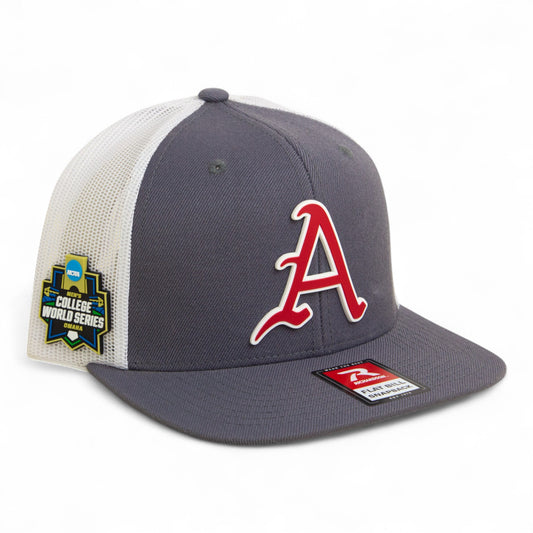 Arkansas Razorbacks Baseball Script A 2025 College World Series 3D Wool Blend Flat Bill Hat- Charcoal/ White
