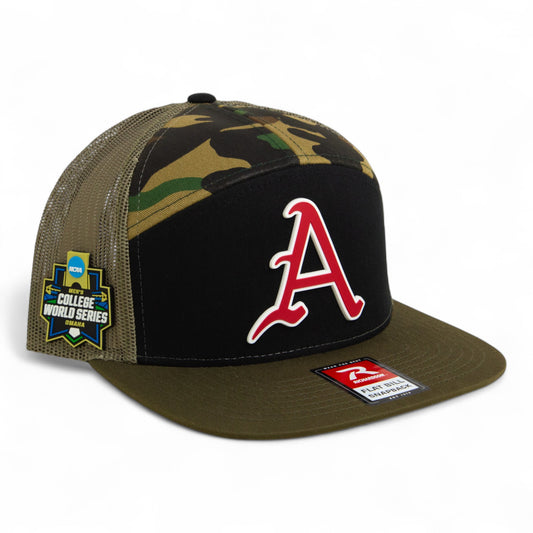 Arkansas Razorbacks Baseball Script A 2025 College World Series 3D Snapback Seven-Panel Flat Bill Trucker Hat- Black/ Camo/ Loden