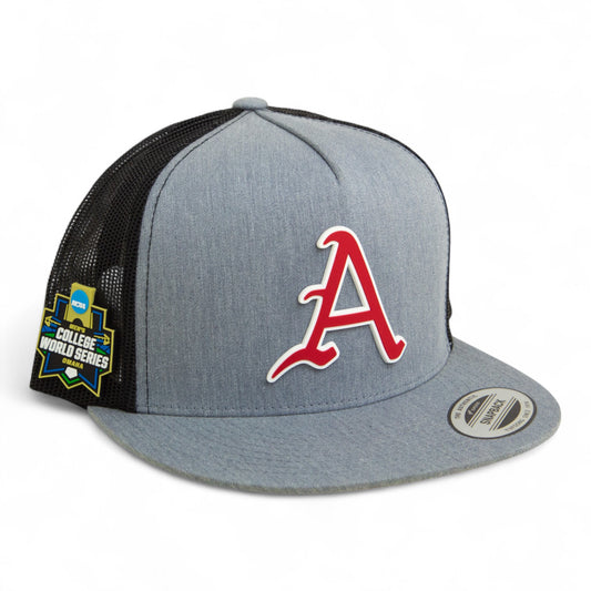 Arkansas Razorbacks Baseball Script A 2025 College World Series 3D YP Snapback Flat Bill Trucker Hat- Heather Grey/ Black