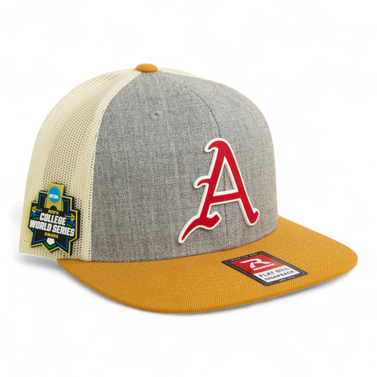 Arkansas Razorbacks Baseball Script A 2025 College World Series 3D Wool Blend Flat Bill Hat- Heather Grey/ Birch/ Biscuit