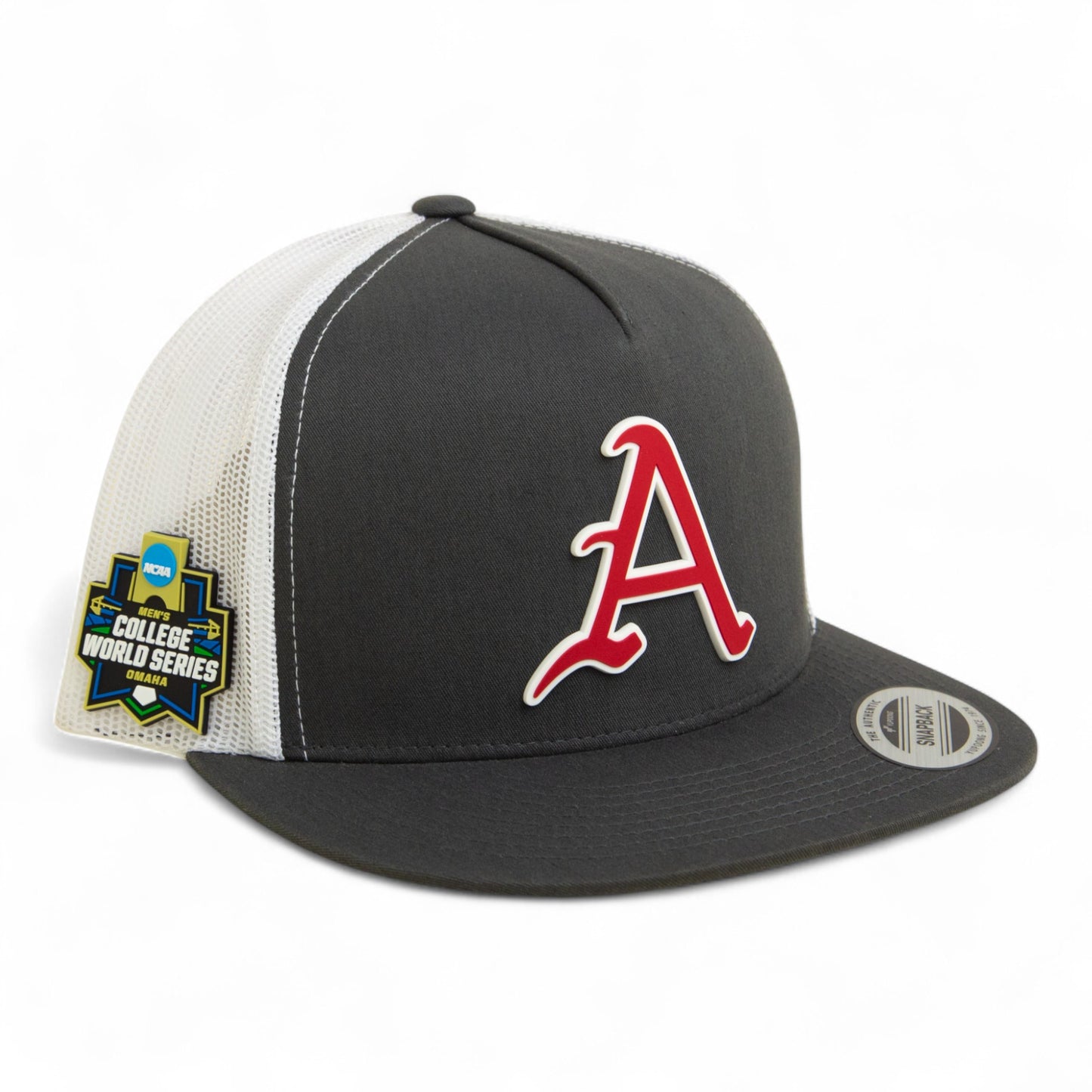 Arkansas Razorbacks Baseball Script A 2025 College World Series 3D YP Snapback Flat Bill Trucker Hat- Charcoal/ White