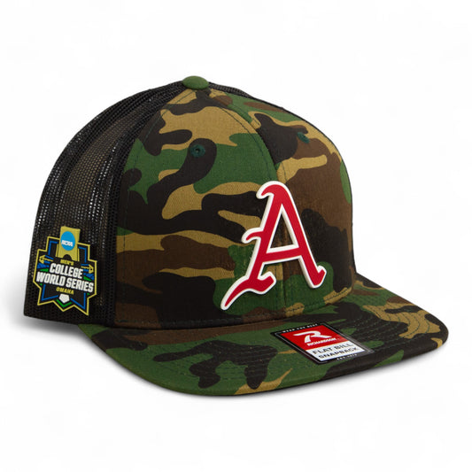 Arkansas Razorbacks Baseball Script A 2025 College World Series 3D Wool Blend Flat Bill Hat- Army Camo/ Black