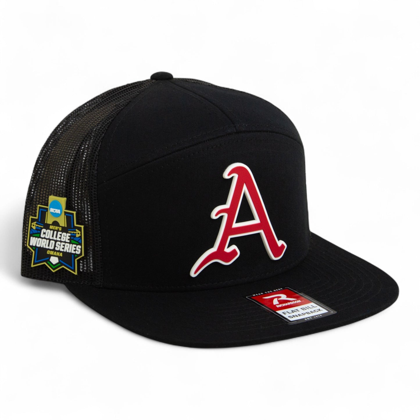 Arkansas Razorbacks Baseball Script A 2025 College World Series 3D Snapback Seven-Panel Flat Bill Trucker Hat- Black