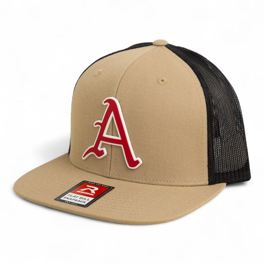 Arkansas Razorbacks Baseball Script A 2025 College World Series 3D Wool Blend Flat Bill Hat- Tan/ Black