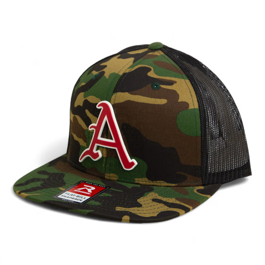 Arkansas Razorbacks Baseball Script A 2025 College World Series 3D Wool Blend Flat Bill Hat- Army Camo/ Black