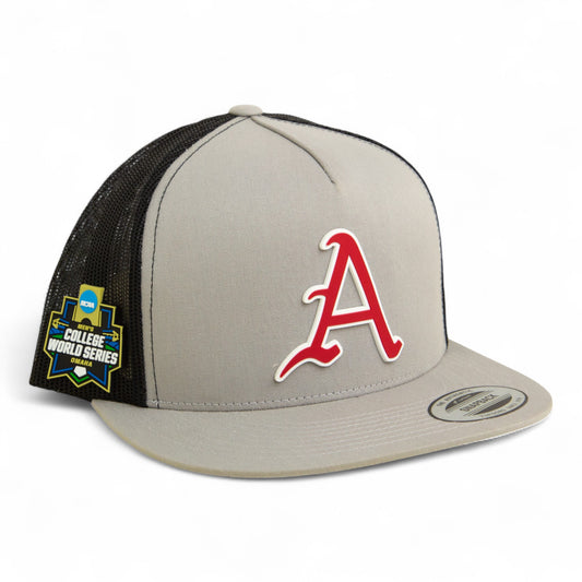 Arkansas Razorbacks Baseball Script A 2025 College World Series 3D YP Snapback Flat Bill Trucker Hat- Silver/ Black