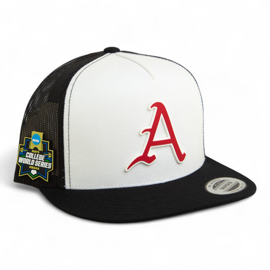 Arkansas Razorbacks Baseball Script A 2025 College World Series 3D YP Snapback Flat Bill Trucker Hat- White/ Black