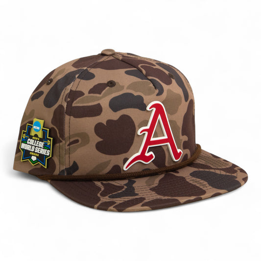 Arkansas Razorbacks Baseball Script A 2025 College World Series 3D Umpqua Rope Hat- Bark Duck Camo/ Brown