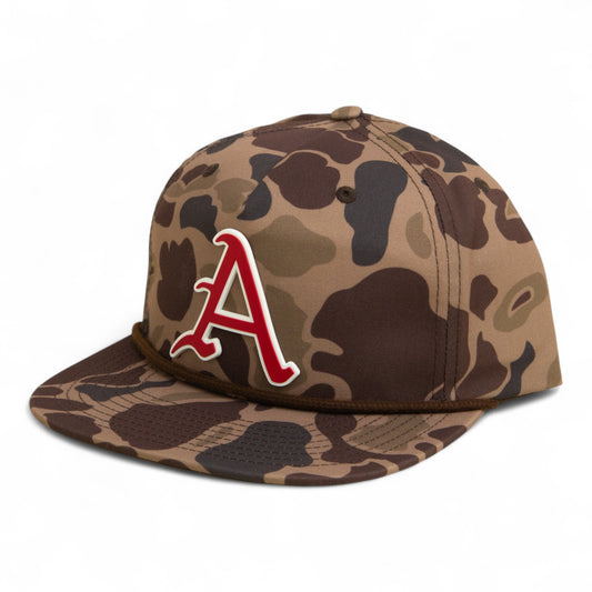 Arkansas Razorbacks Baseball Script A 2025 College World Series 3D Umpqua Rope Hat- Bark Duck Camo/ Brown