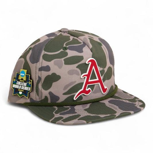 Arkansas Razorbacks Baseball Script A 2025 College World Series 3D Umpqua Rope Hat- Marsh Duck Camo/ Olive Green