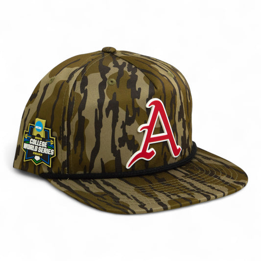Arkansas Razorbacks Baseball Script A 2025 College World Series 3D Umpqua Rope Hat- Mossy Oak Bottomland/ Black
