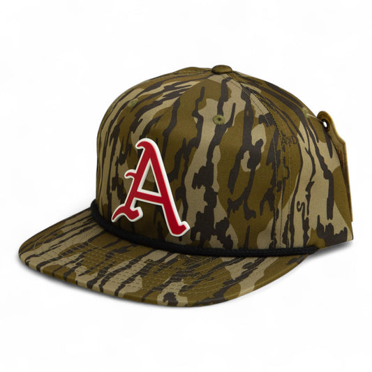 Arkansas Razorbacks Baseball Script A 2025 College World Series 3D Umpqua Rope Hat- Mossy Oak Bottomland/ Black
