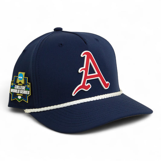 Arkansas Razorbacks Baseball Script A 2025 College World Series 3D Five Panel Classic Rope Hat- Navy/ White