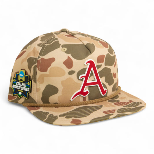 Arkansas Razorbacks Baseball Script A 2025 College World Series 3D Umpqua Rope Hat- Harvest Duck Camo/ Light Brown