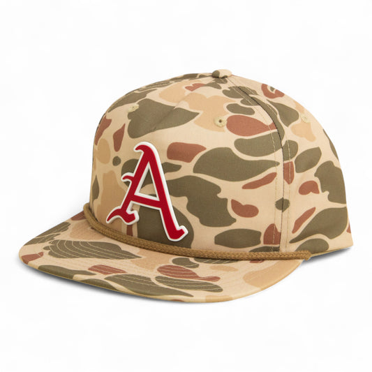 Arkansas Razorbacks Baseball Script A 2025 College World Series 3D Umpqua Rope Hat- Harvest Duck Camo/ Light Brown