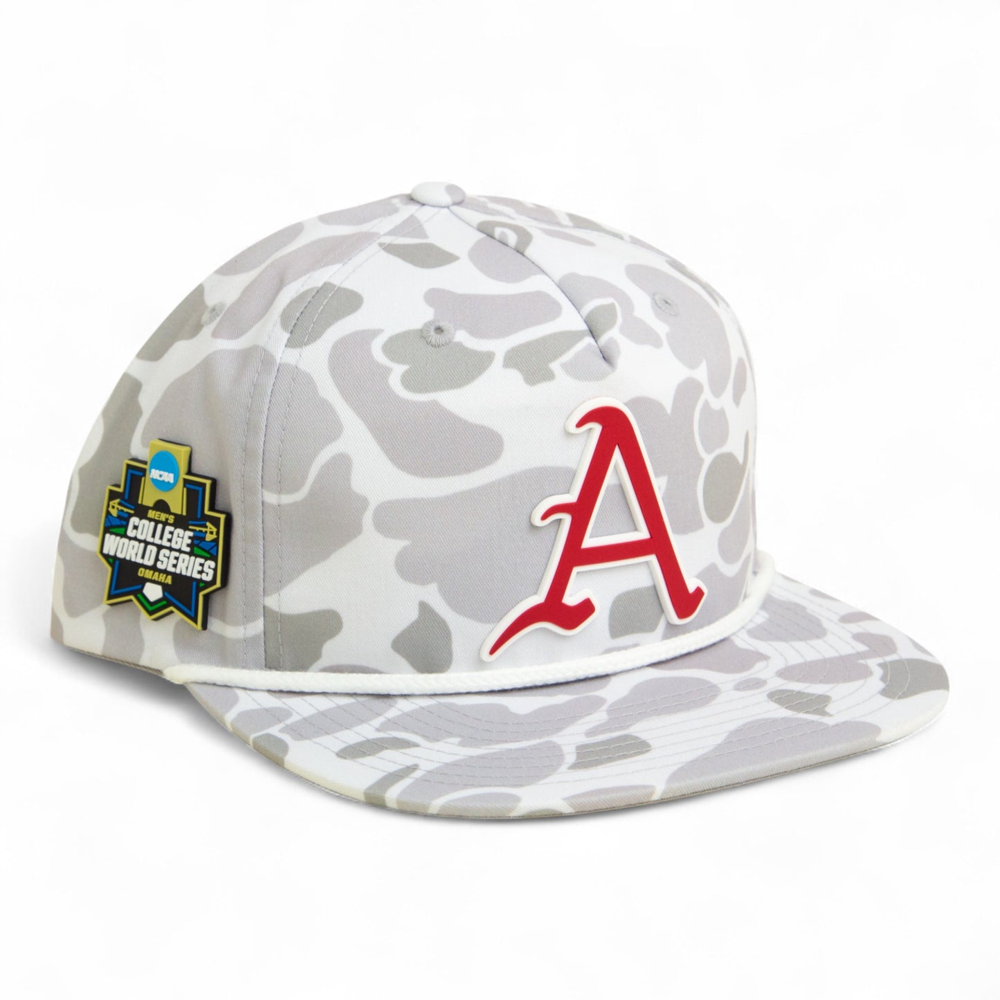 Arkansas Razorbacks Baseball Script A 2025 College World Series 3D Umpqua Rope Hat- Blizzard Duck Camo/ White
