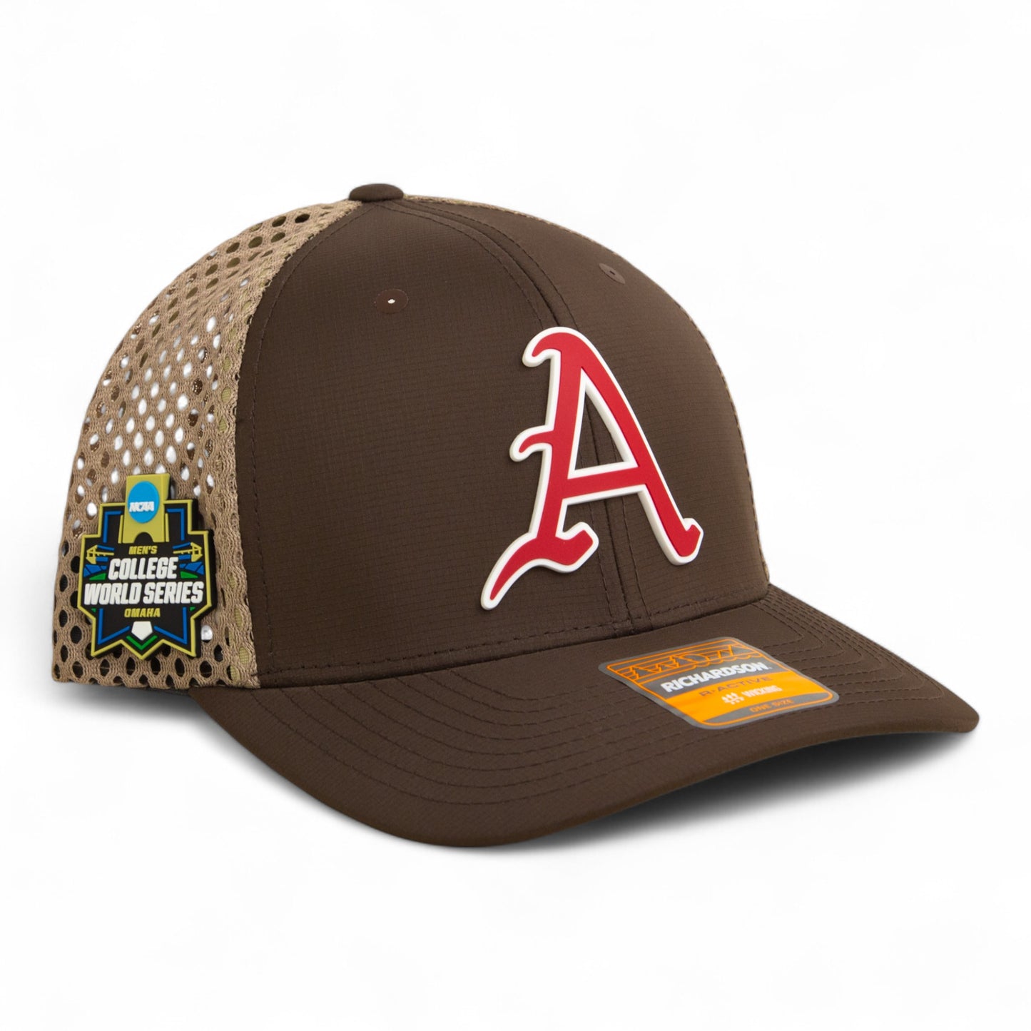 Arkansas Razorbacks Baseball Script A 2025 College World Series 3D Snapback Tilikum Trucker Hat- Brown/ Tan