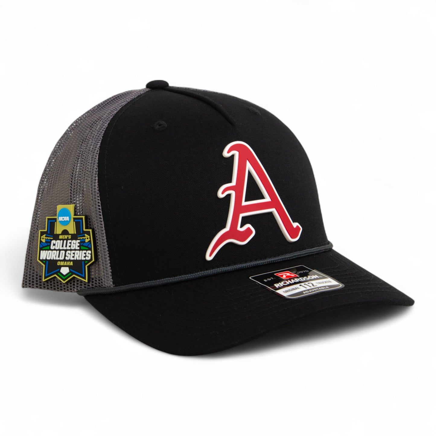 Arkansas Razorbacks Baseball Script A 2025 College World Series 3D Snapback Trucker Rope Hat- Black/ Charcoal