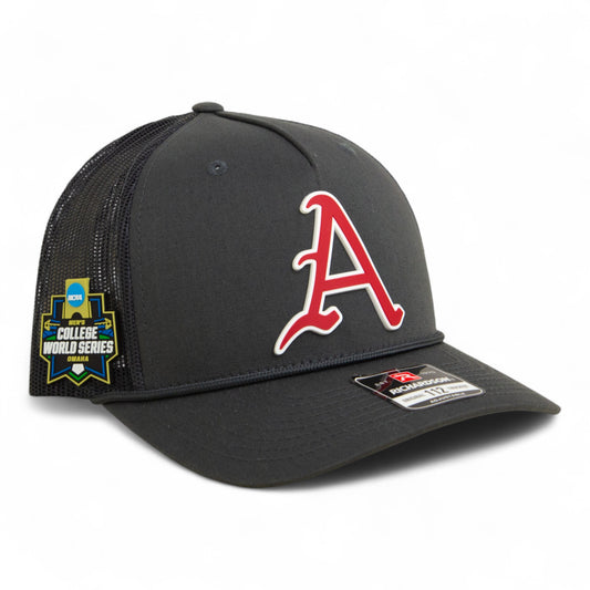 Arkansas Razorbacks Baseball Script A 2025 College World Series 3D Snapback Trucker Rope Hat- Charcoal