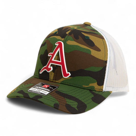 Arkansas Razorbacks Baseball Script A 2025 College World Series 3D Snapback Trucker Hat- Army Camo/ White