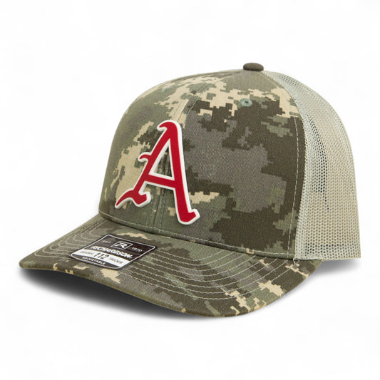 Arkansas Razorbacks Baseball Script A 2025 College World Series 3D Snapback Trucker Hat- Military Digital Camo