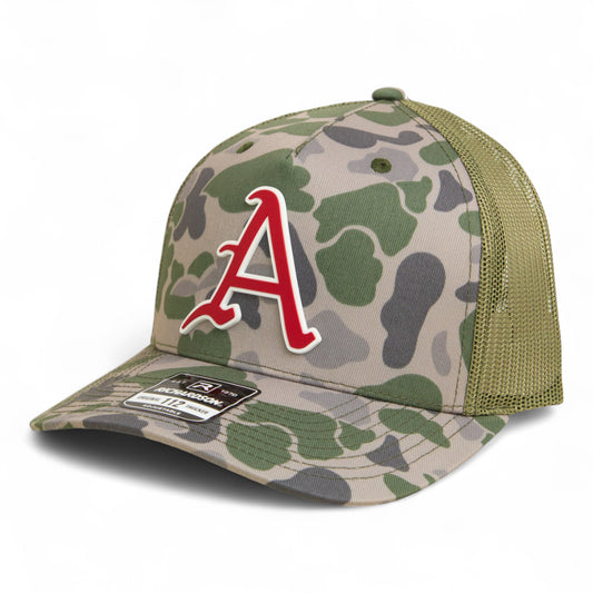 Arkansas Razorbacks Baseball Script A 2025 College World Series 3D Snapback Trucker Hat- Marsh Duck Camo/ Loden