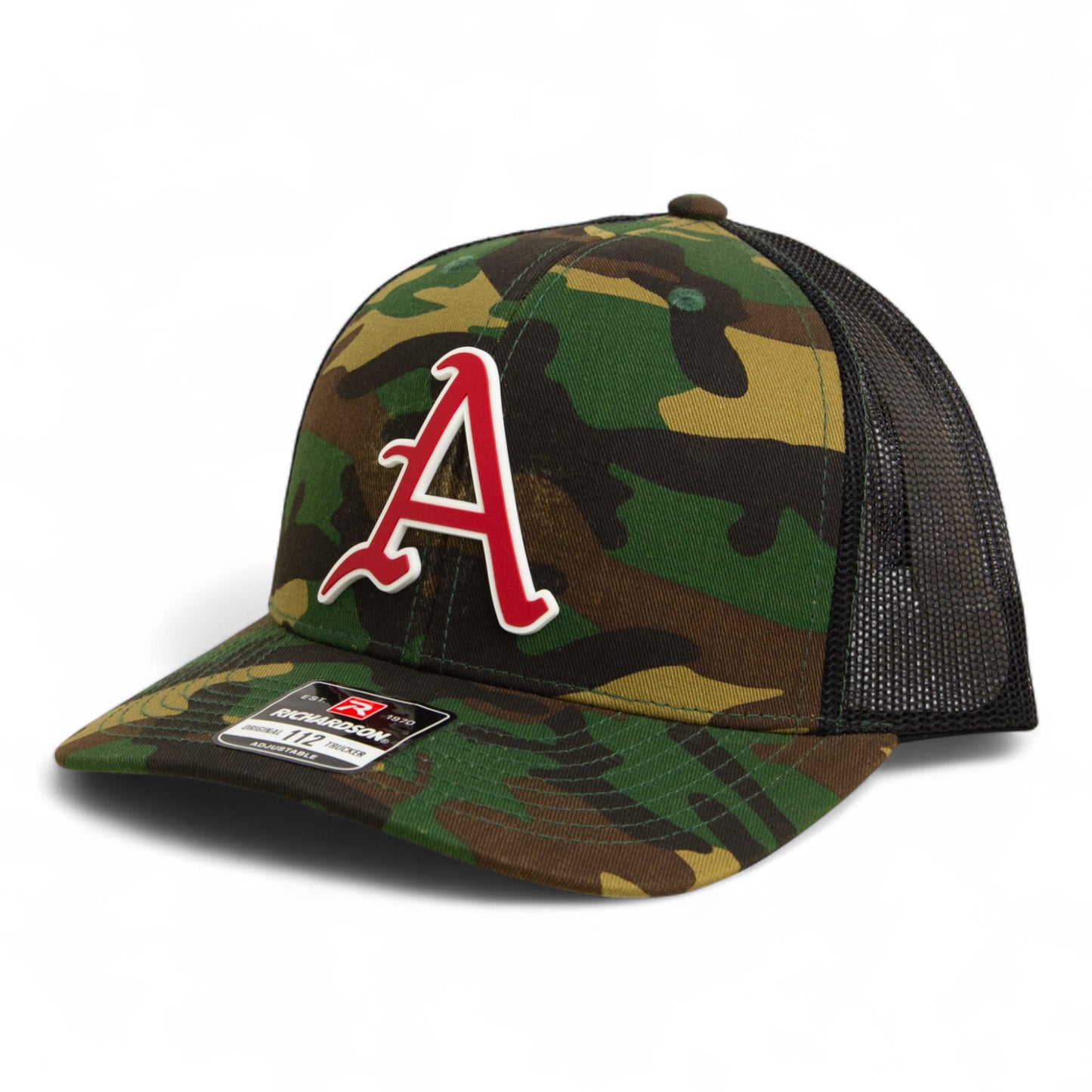 Arkansas Razorbacks Baseball Script A 2025 College World Series 3D Snapback Trucker Hat- Army Camo/ Black