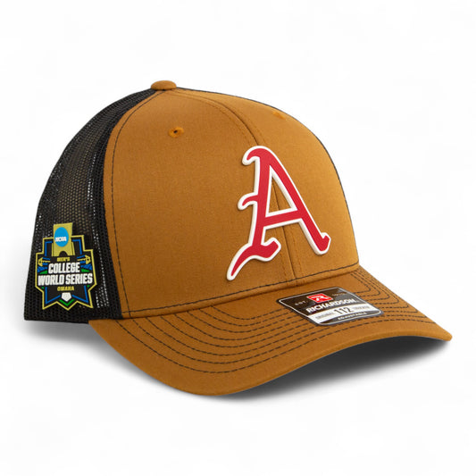 Arkansas Razorbacks Baseball Script A 2025 College World Series 3D Snapback Trucker Hat- Caramel/ Black