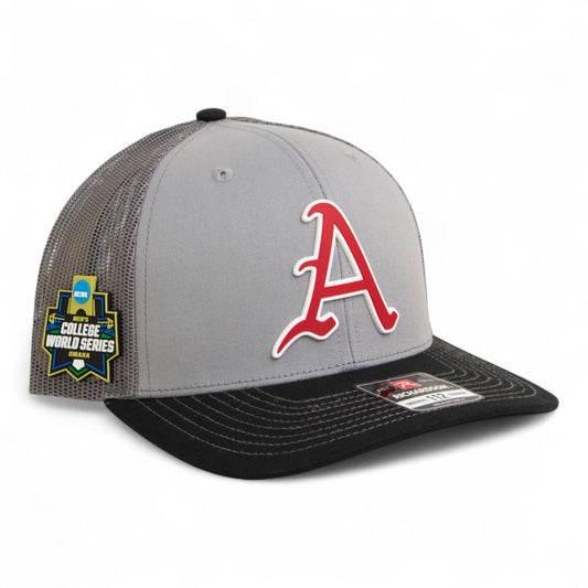 Arkansas Razorbacks Baseball Script A 2025 College World Series 3D Snapback Trucker Hat- Grey/ Charcoal/ Black