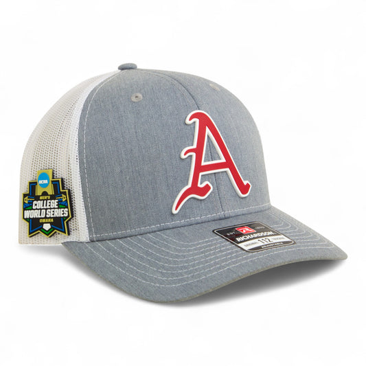 Arkansas Razorbacks Baseball Script A 2025 College World Series 3D Snapback Trucker Hat- Heather Grey/ White