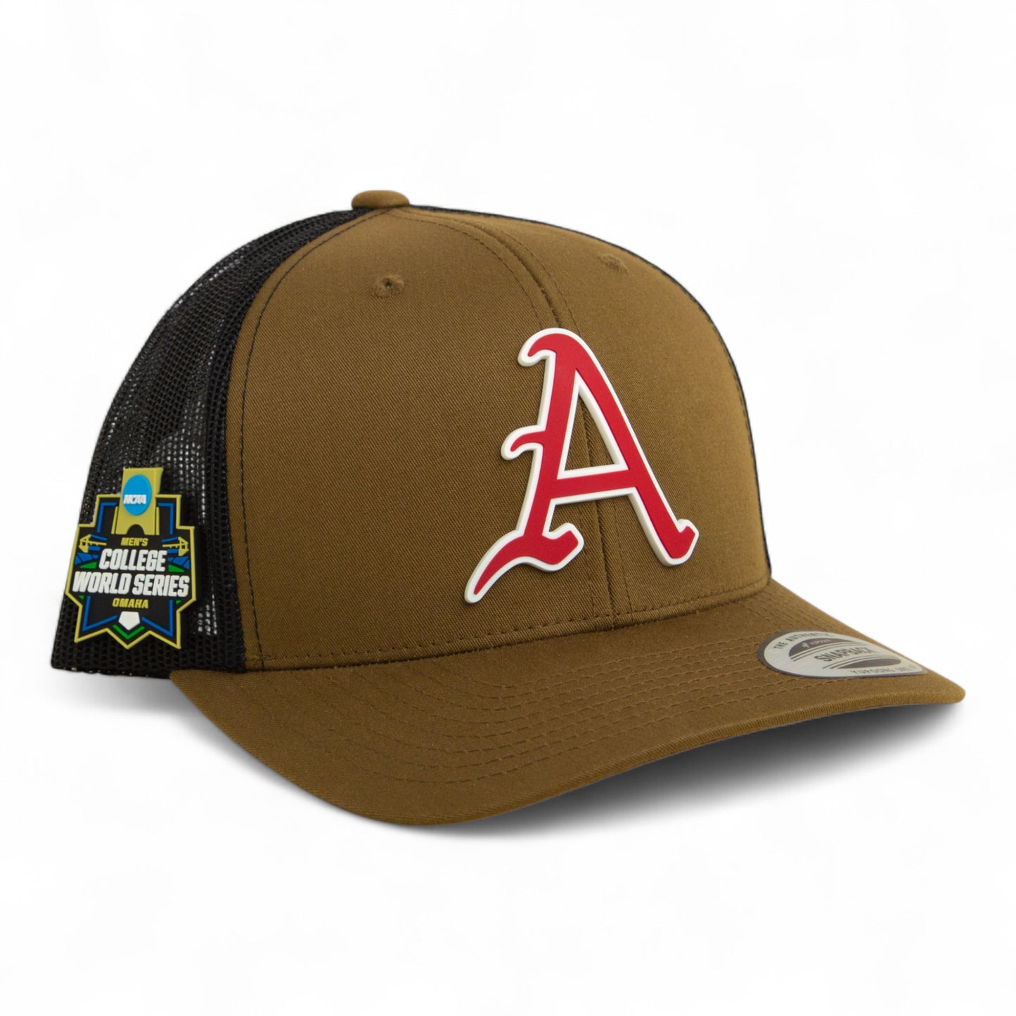 Arkansas Razorbacks Baseball Script A 2025 College World Series 3D YP Snapback Trucker Hat- Coyote/ Black