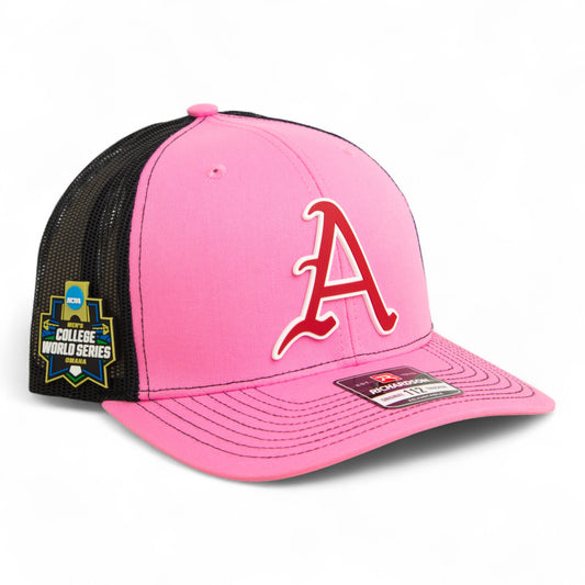 Arkansas Razorbacks Baseball Script A 2025 College World Series 3D Snapback Trucker Hat- Pink/ Black