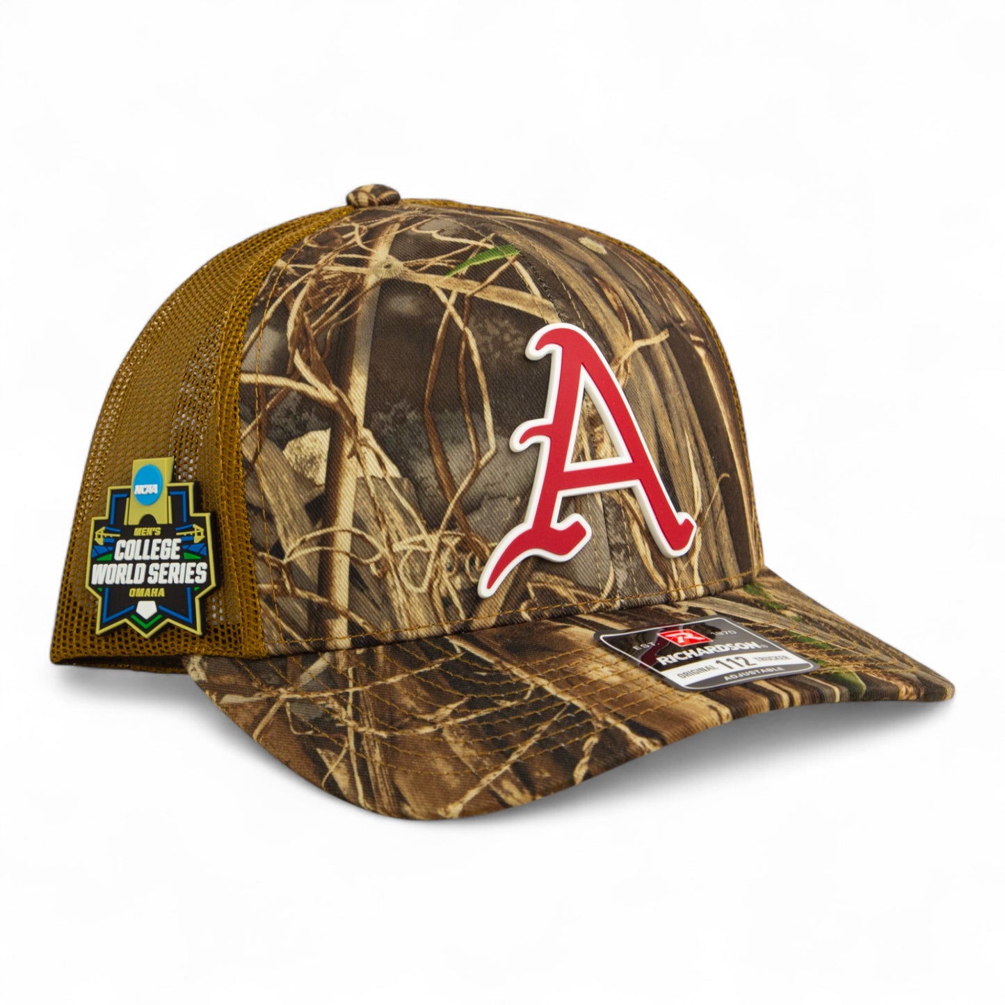 Arkansas Razorbacks Baseball Script A 2025 College World Series 3D Snapback Trucker Hat- Realtree Max 7/ Buck