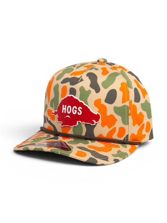 Arkansas Razorbacks Retro HOGS Red 3D Duck Camo Rope Hat- Blaze Camo