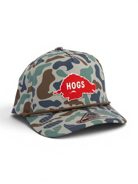 Arkansas Razorbacks Retro HOGS Red 3D Duck Camo Rope Hat- Mallard
