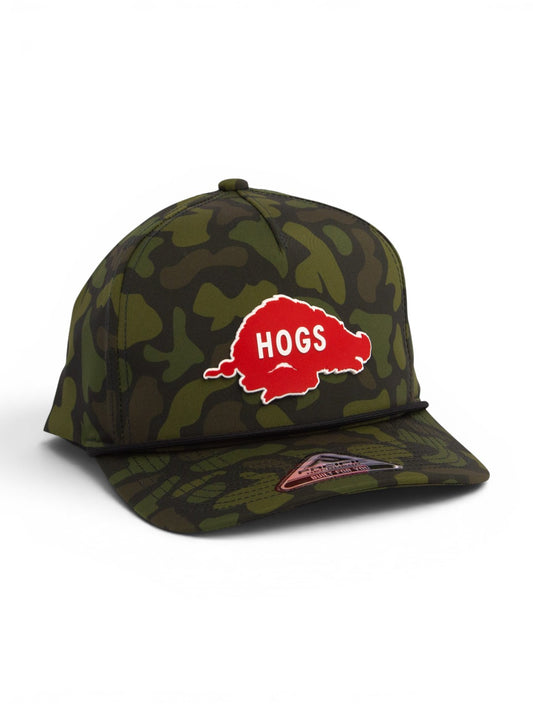 Arkansas Razorbacks Retro HOGS Red 3D Duck Camo Rope Hat- Woodland