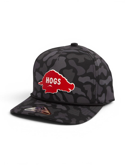 Arkansas Razorbacks Retro HOGS Red 3D Duck Camo Rope Hat- Blackout