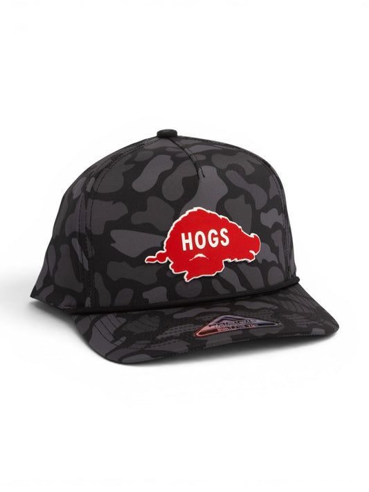 Arkansas Razorbacks Retro HOGS Red 3D Duck Camo Rope Hat- Blackout