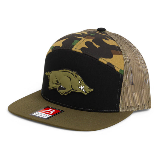 Arkansas Razorbacks Loden Edition 3D Snapback Seven-Panel Flat Bill Trucker Hat- Black/ Camo/ Loden