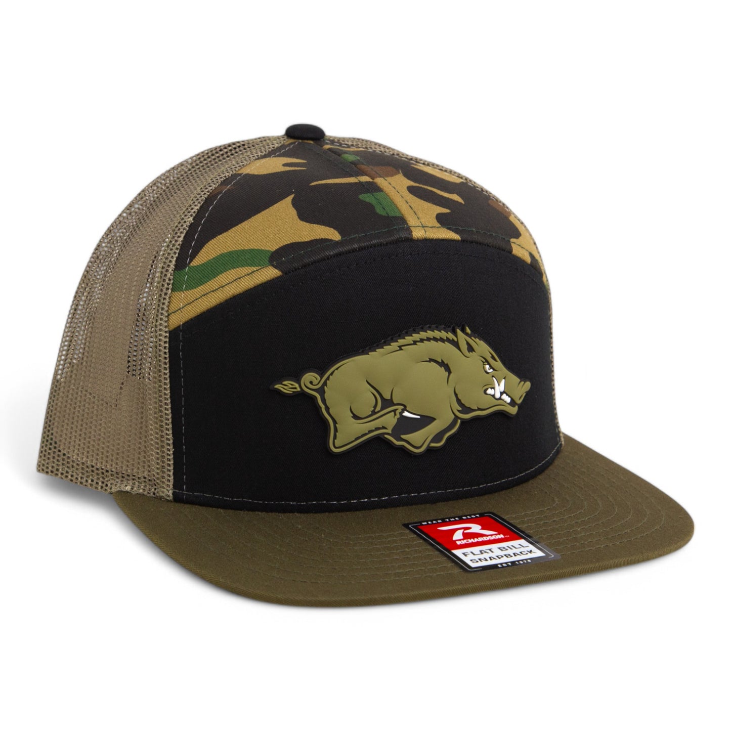 Arkansas Razorbacks Loden Edition 3D Snapback Seven-Panel Flat Bill Trucker Hat- Black/ Camo/ Loden