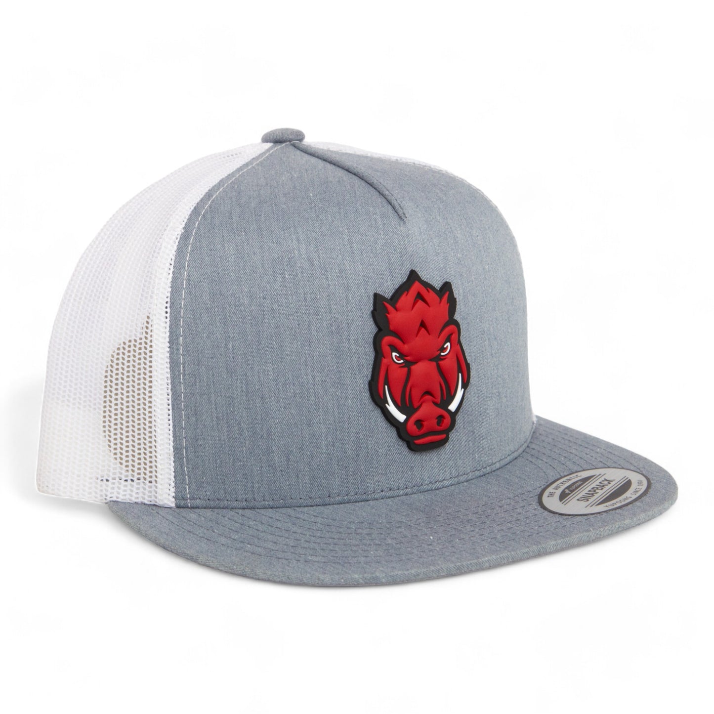 Arkansas Razorbacks Forward Facing Hog 3D YP Snapback Flat Bill Trucker Hat- Heather Grey/ White