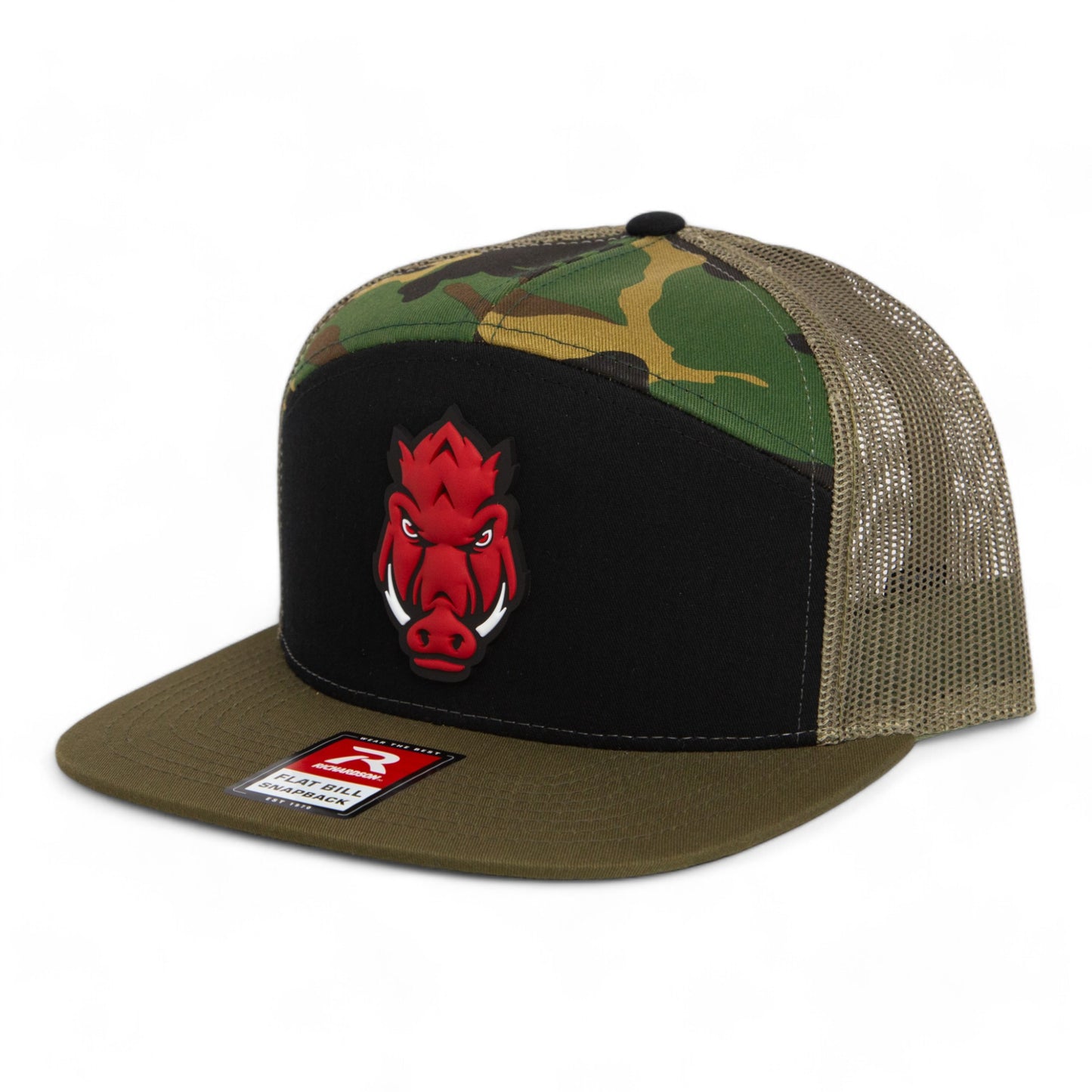 Arkansas Razorbacks Forward Facing Hog 3D Snapback Seven-Panel Flat Bill Trucker Hat- Black/ Camo/ Loden