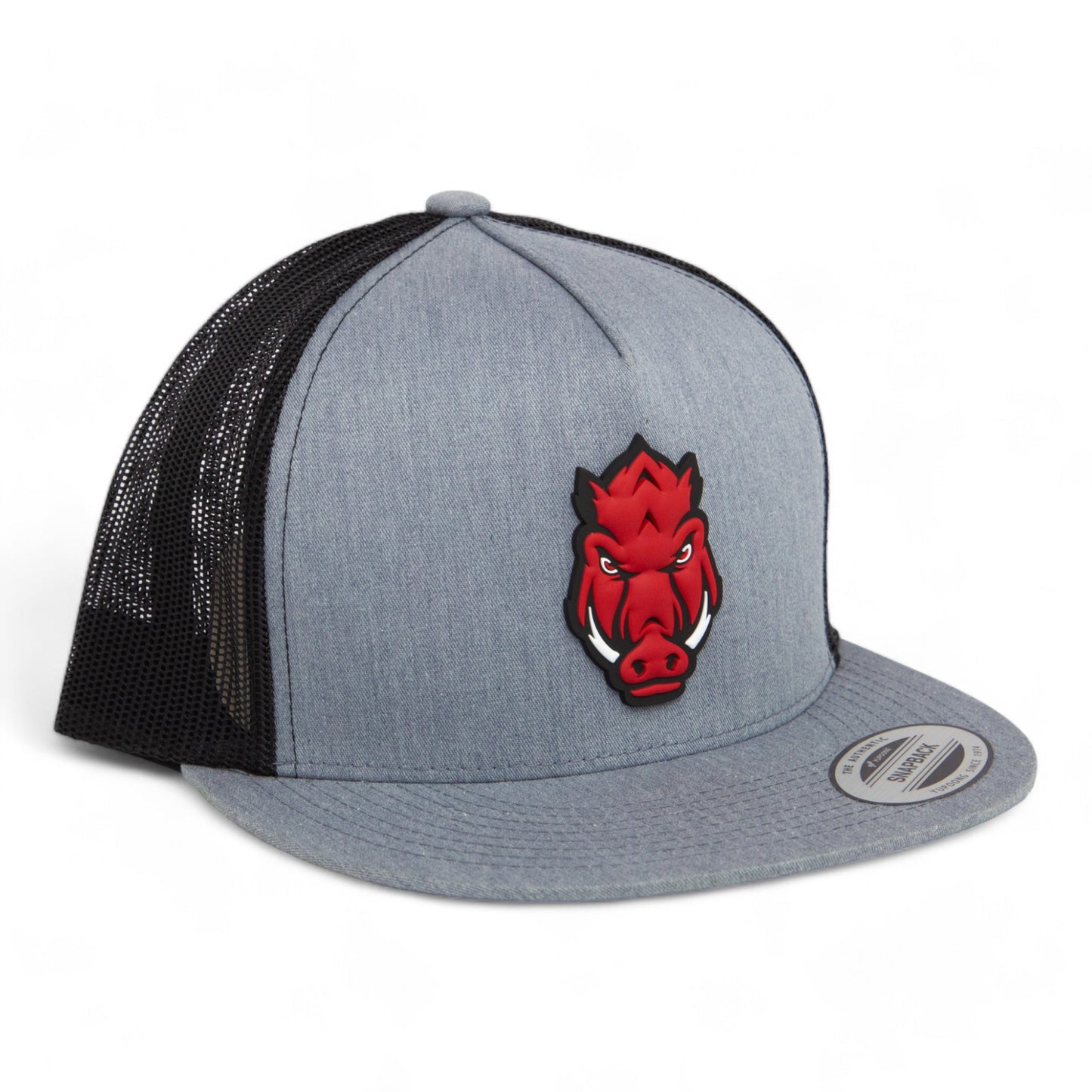 Arkansas Razorbacks Forward Facing Hog 3D YP Snapback Flat Bill Trucker Hat- Heather Grey/ Black